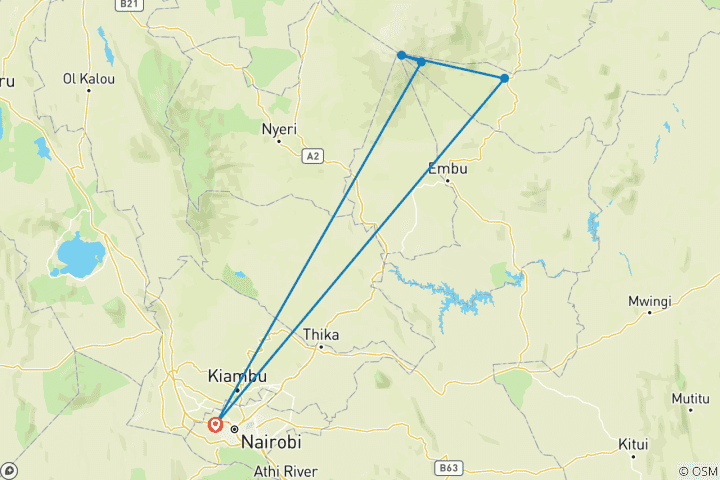 Carte du circuit 5 jours d'ascension du Mont Kenya - Itinéraire Sirimon