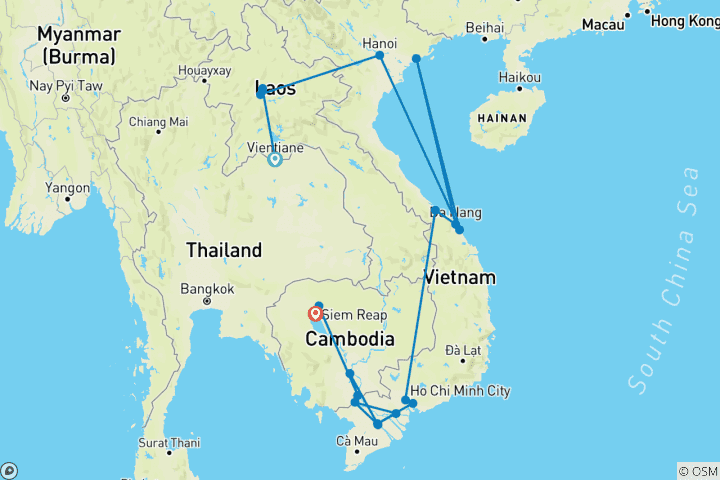 Carte du circuit Indochine : les points forts (voyage privé)
