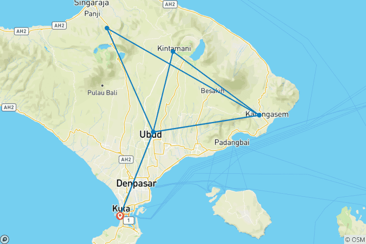 Carte du circuit 8 jours de bonheur à Bali : Là où le luxe rencontre les sensations fortes, la culture et la lumière nocturne