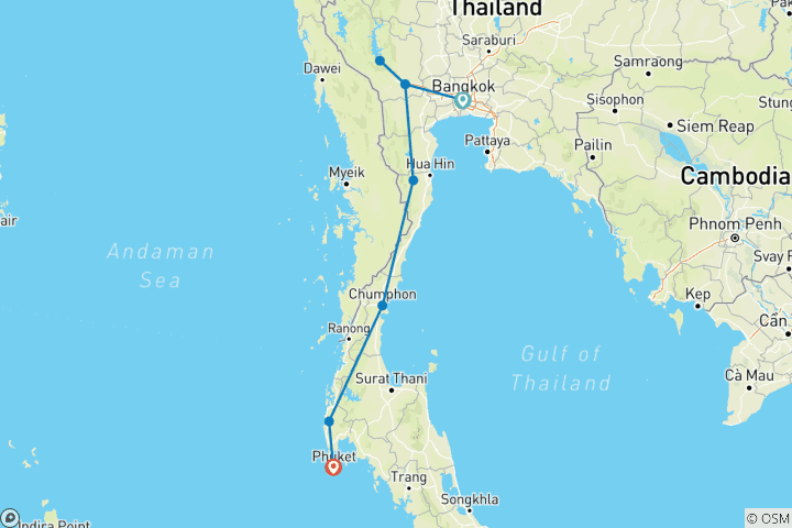 Kaart van Route van het Zuiden - van Bangkok naar Phuket (privétour)
