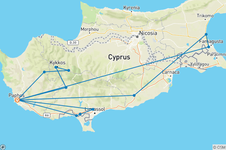 Carte du circuit 8 jours à Chypre : Une tapisserie d'histoire, de mythes et de vie méditerranéenne (arrivée le mercredi)