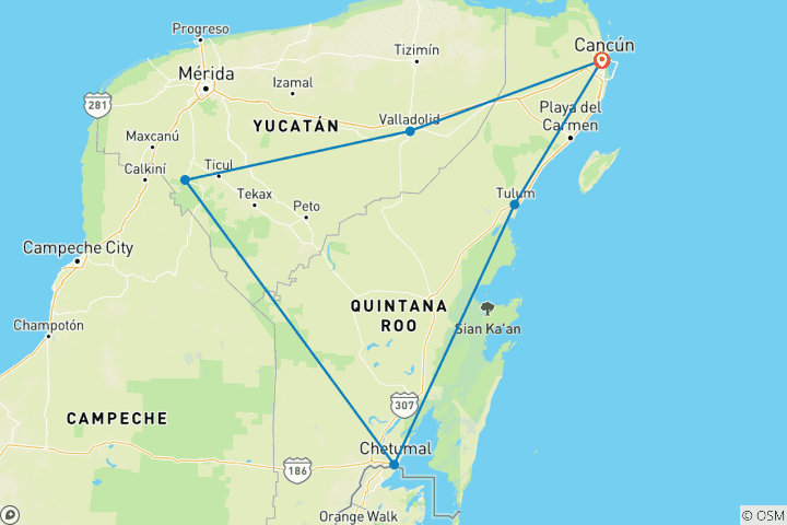 Karte von Roadtrip Yucatan: Tempel, Tropen und Cenoten
