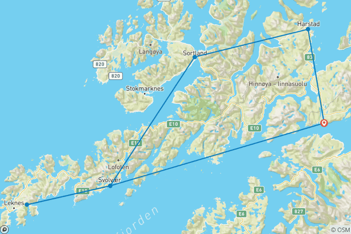 Carte du circuit Aventure aurore boréale Lofoten et Vesteralen