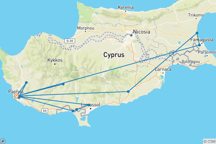 Carte du circuit 8 jours à Chypre : Une tapisserie d'histoire, de mythes et de vie méditerranéenne (arrivée le jeudi)