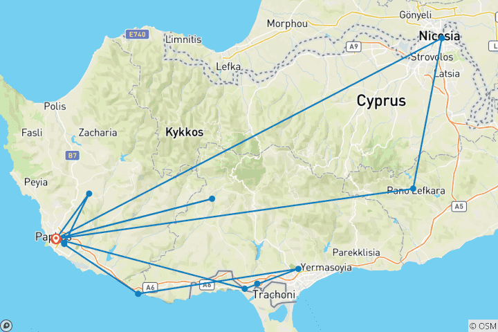 Carte du circuit 8 jours à Chypre : Une tapisserie d'histoire, de mythes et de vie méditerranéenne (arrivée le vendredi)