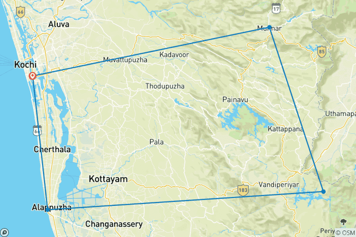 Map of Kochi, Kerala & Munnar - 5 days