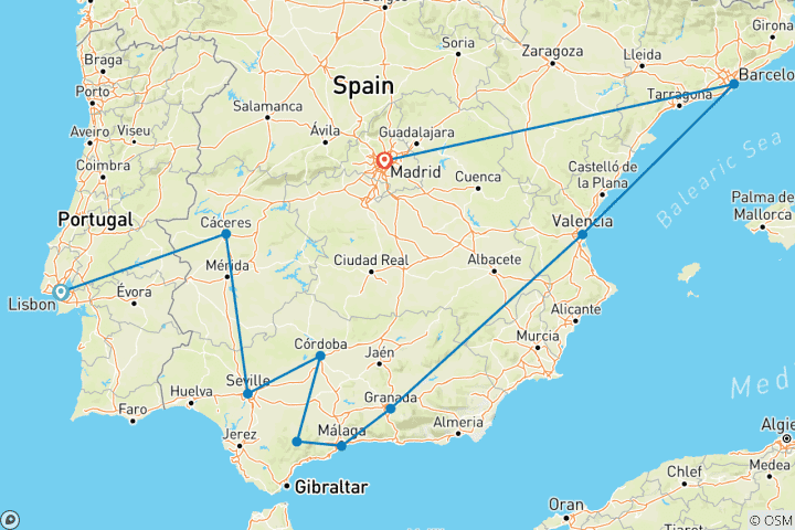 Map of Lisbon to Andalucia, Barcelona & Madrid - 9 days