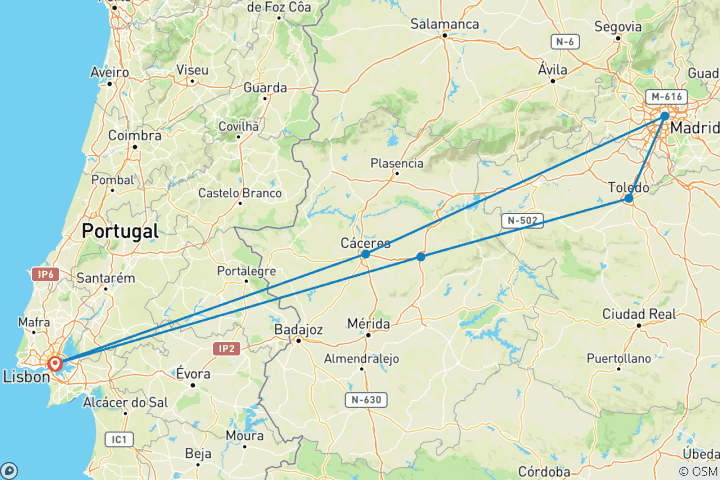 Carte du circuit De Lisbonne à Caceres, Madrid et Tolède - 5 jours