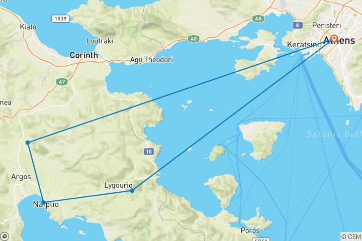 Carte du circuit Athènes - Epidaure, Mycènes et Nauplie - Visite guidée privée de 2 jours