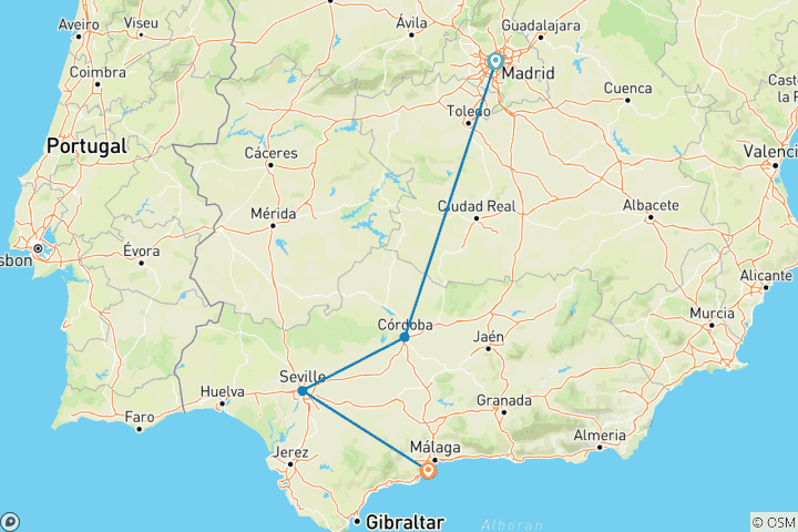 Kaart van Madrid & Cordoba naar Costa del Sol - 3 dagen