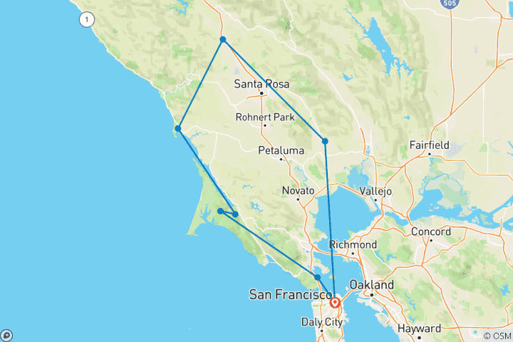 Carte du circuit San Francisco, Redwoods et vignobles - 5 jours