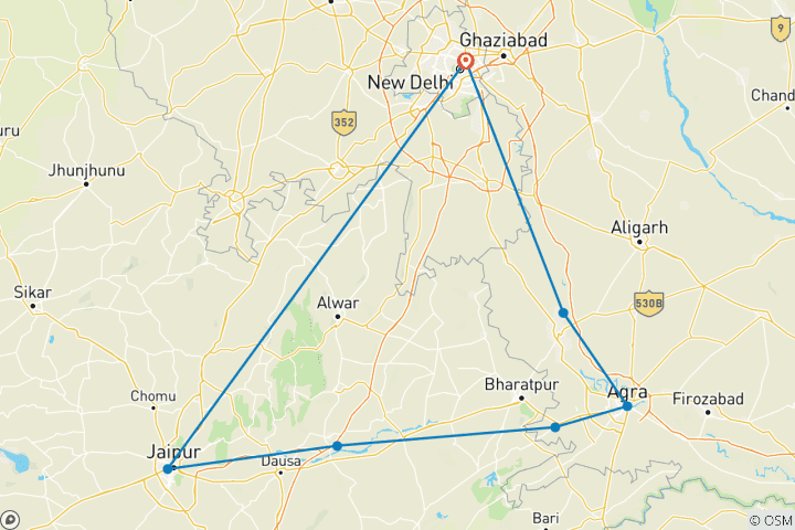 Karte von Goldenes Dreieck Indien Tour mit Taj Mahal & Vrindavan Tempeln