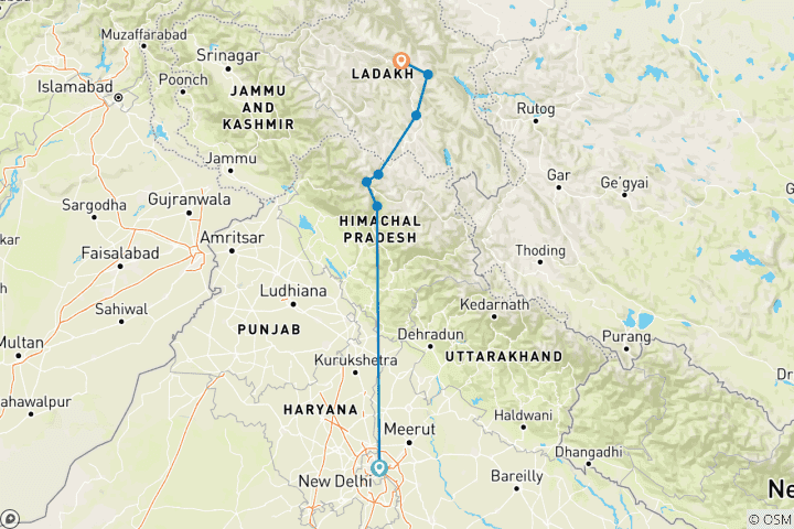 Kaart van Ladakh op de fiets