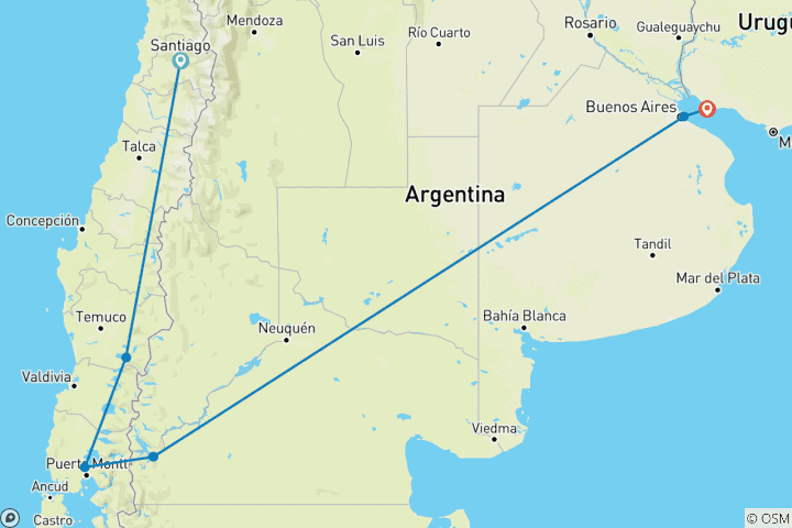 Kaart van Santiago naar Buenos Aires via het Merengebied (17 Dagen)