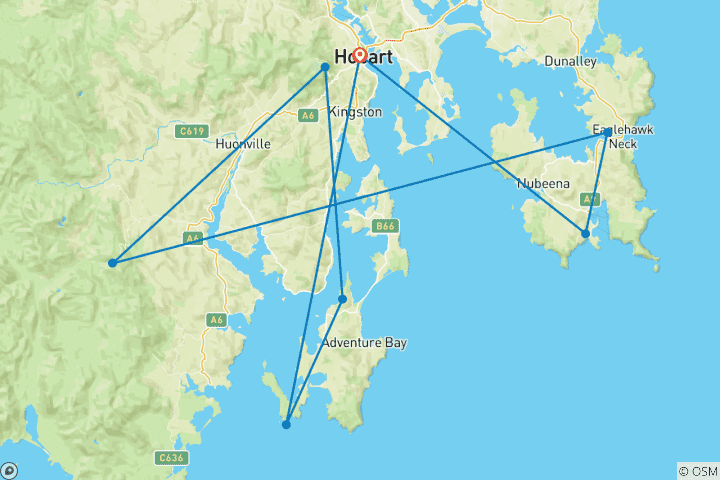 Carte du circuit Le meilleur de Hobart et du sud de la Tasmanie (8 destinations)