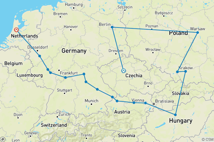 Map of Eastern Europe with European Gems Prague → Amsterdam (2027)