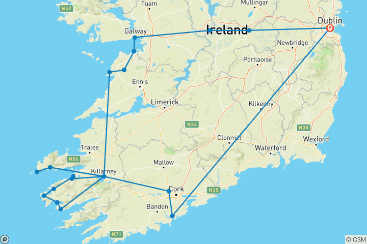 Map of Cliffs of Moher, Ring of Kerry & Ireland's South West 5 Day Small-Group Tour