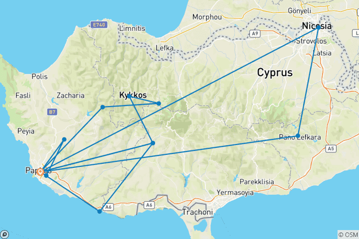Carte du circuit 8 jours à Chypre : Une tapisserie d'histoire, de mythes et de vie méditerranéenne (arrivée le samedi)