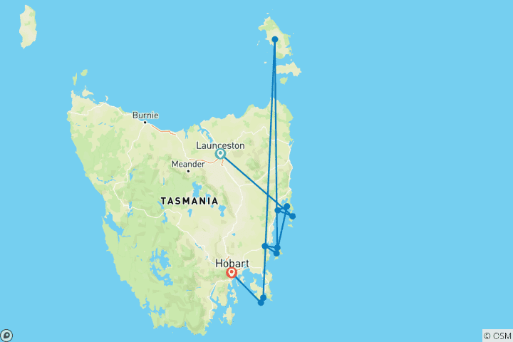 Carte du circuit Marcher sur la côte est de la Tasmanie (11 destinations)