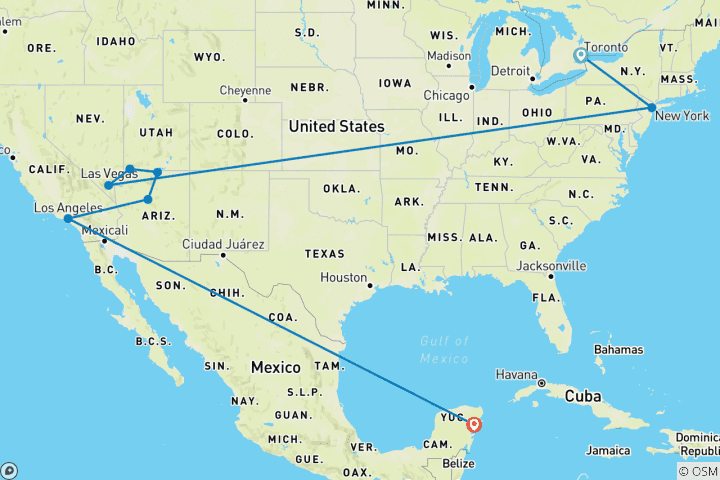 Mapa de Por toda América: las cataratas de Canadá, las carreteras de EE.UU., la magia de México
