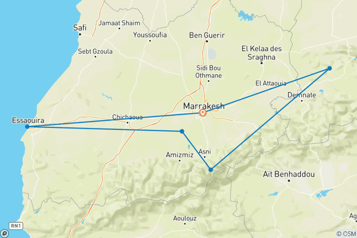 Carte du circuit Roadtrip au Maroc : souks, surf et glamping dans le désert (including Ouzoud)