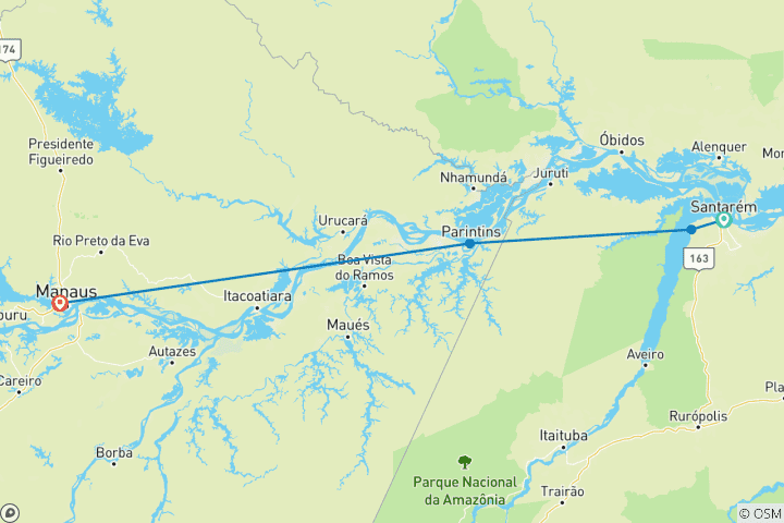 Carte du circuit La douce Amazonie et le fleuve Tapajós - Une croisière enchanteresse et intime vers les plus belles plages d'Amazonie (croisière de port à port)