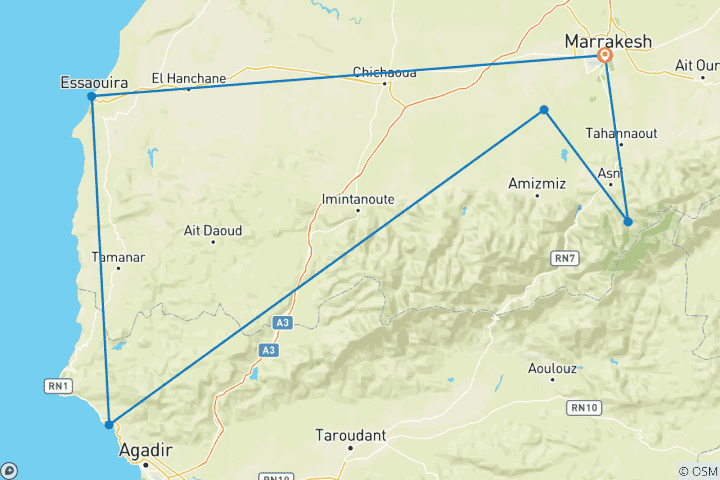 Karte von Marokko Roadtrip: Souks, Surf & Desert Glamping (einschließlich Taghazoute)