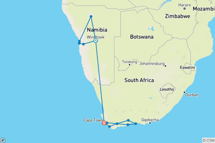 Carte du circuit La Namibie rencontre l'Afrique du Sud : Desert Roadtrip & Wildlife Glamping (from Windhoek to Le Cap)