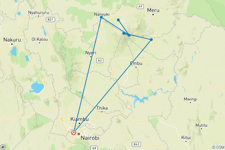 Carte du circuit Trek de 6 jours au Mont Kenya : Aventure sur la route de Sirimon à Chogoria