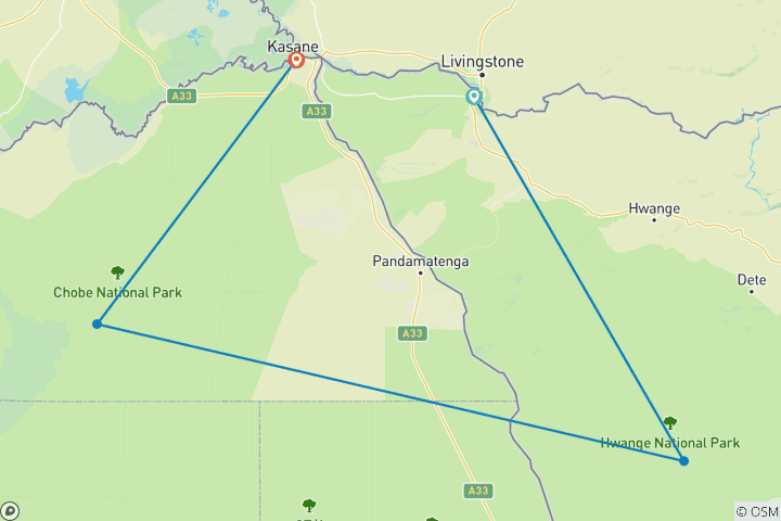 Map of Victoria Falls & Safari Adventure from Victoria Falls/to Kasane