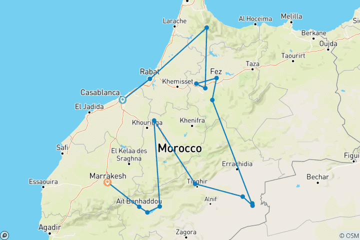 Carte du circuit 10 jours Casablanca Maroc moyenne gamme Safari