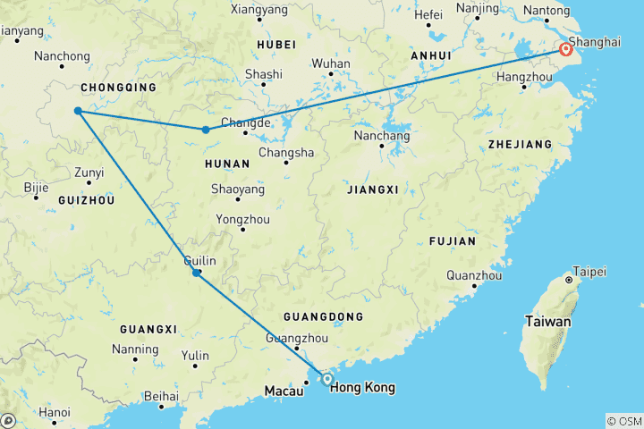 Map of 10 Days HongKong to Guilin-Chongqing-Zhangjiajie-Shanghai Private Tour