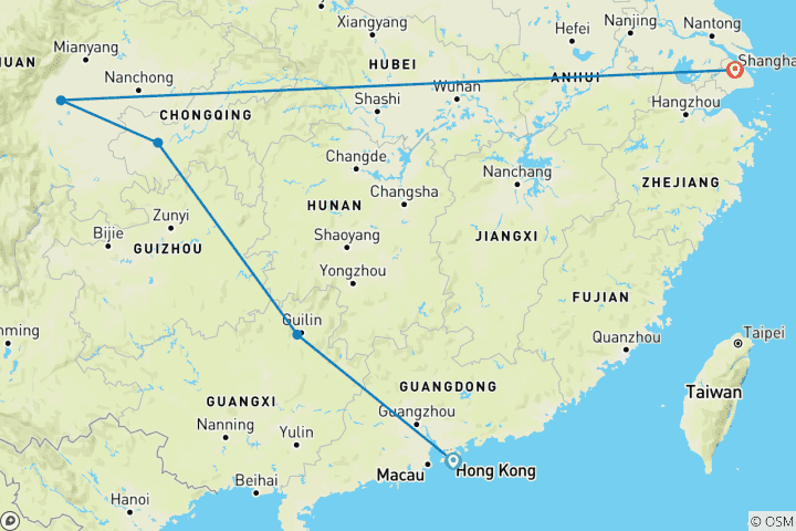 Map of 10 Days HongKong to Guilin-Chongqing-Chengdu-Shanghai Private Tour