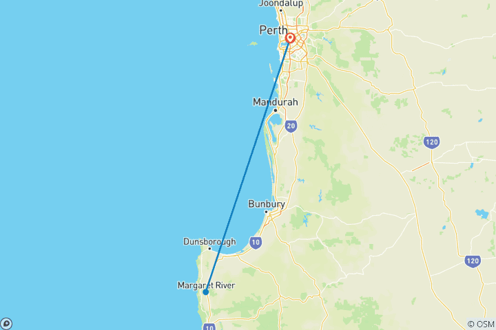 Carte du circuit Trek sur la piste Cape to Cape en Australie occidentale (6 destinations)