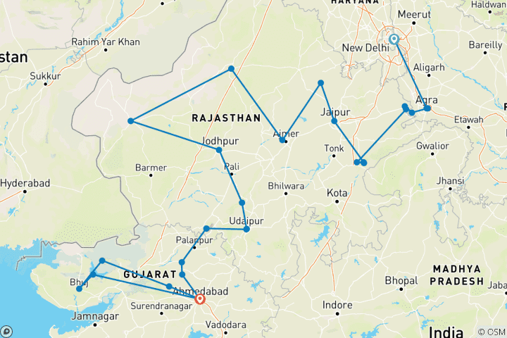 Carte du circuit Circuit au patrimoine de l'UNESCO au Gujarat et au Rajasthan avec le Triangle d'Or