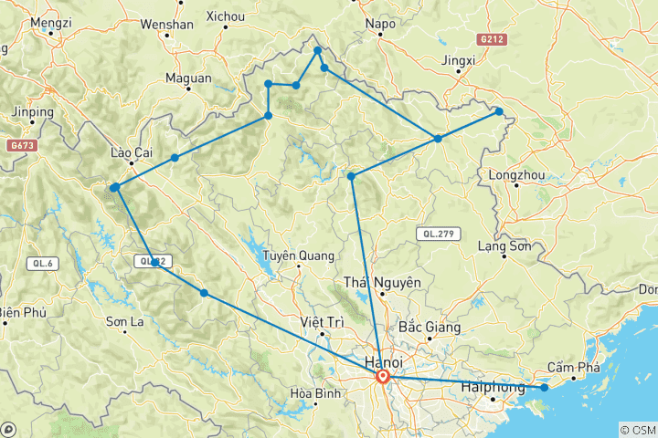 Mapa de Gran circuito único por Vietnam de 14 días ( Mu Cang Chai - Tram Tau - Sapa - Ha Giang - Cascada Ban Gioc - Lago Ba Be - Bahía de Halong)