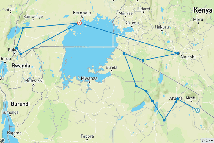 Carte du circuit 14 jours de randonnée dans le Serengeti, le Masai Mara et les gorilles