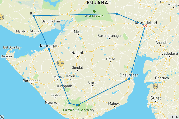 Karte von Vogelbeobachtung und Wildtierpfade in Gujarat
