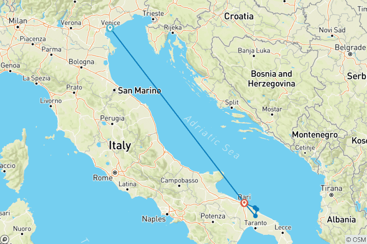 Carte du circuit 7 jours de découverte de Venise et Bari - Des canaux aux côtes