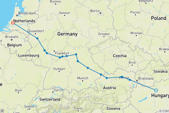 Map of Jewels of Europe 2025 - 15 Days (from Budapest to Rotterdam)