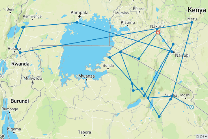 Mapa de Aventura Clásica en África Oriental - Maasai Mara y Serengeti, Trekking con Gorilas y más - 21 días