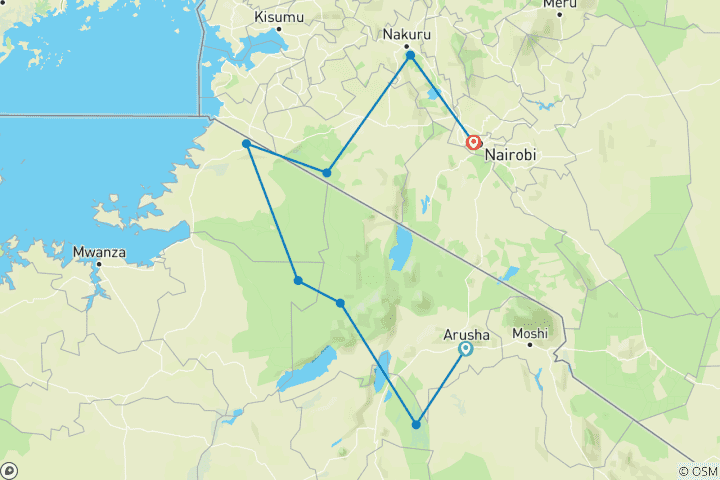 Carte du circuit 10 jours de safari au Masai Mara et au Serengeti