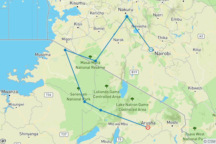 Carte du circuit 8 jours de safari dans le Serengeti, le Masai Mara, le lac Nakuru et le Ngoronogro