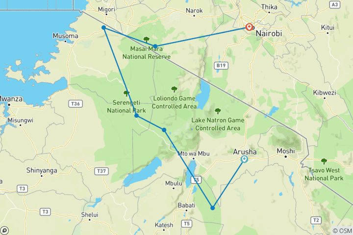 Carte du circuit 7 jours de safari en Tanzanie et au Kenya