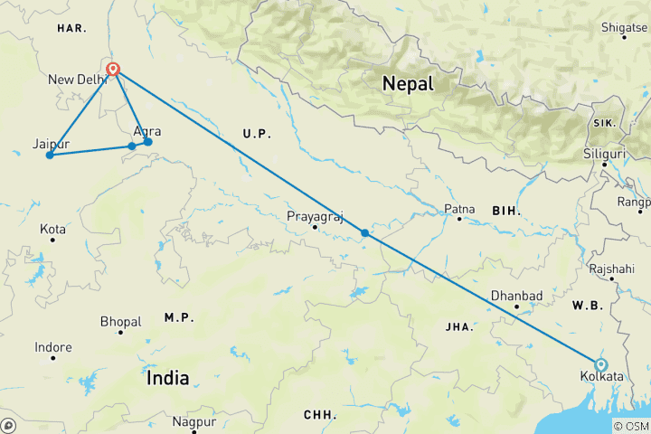 Carte du circuit Triangle d'or avec Varanasi et Kolkata