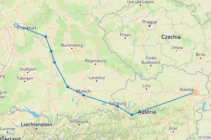 Map of FRANKFURT TO VIEANNA MEDIEVAL TOUR