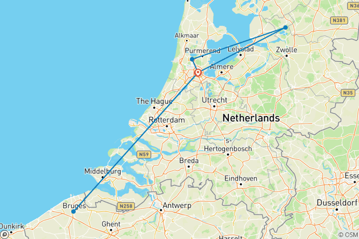 Carte du circuit 5 jours à Amsterdam : Canaux, campagne et culture