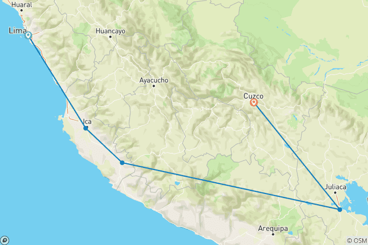 Kaart van Peru Bucketlist: Picchu-Perfecte woestijnnachten & Inca Bezienswaardigheden (5 bestemmingen)