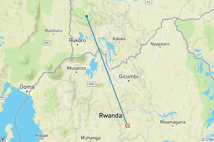 Carte du circuit 2 jours de randonnée dans le parc national de la forêt impénétrable de Bwindi via Kigali (Rwanda)