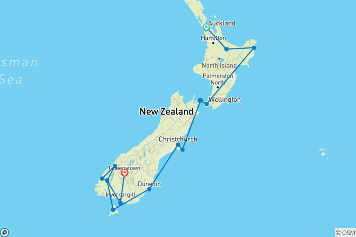 Carte du circuit Expédition côtière en Nouvelle-Zélande avec des paysages urbains et des joyaux géothermiques Auckland → Queenstown (2026)